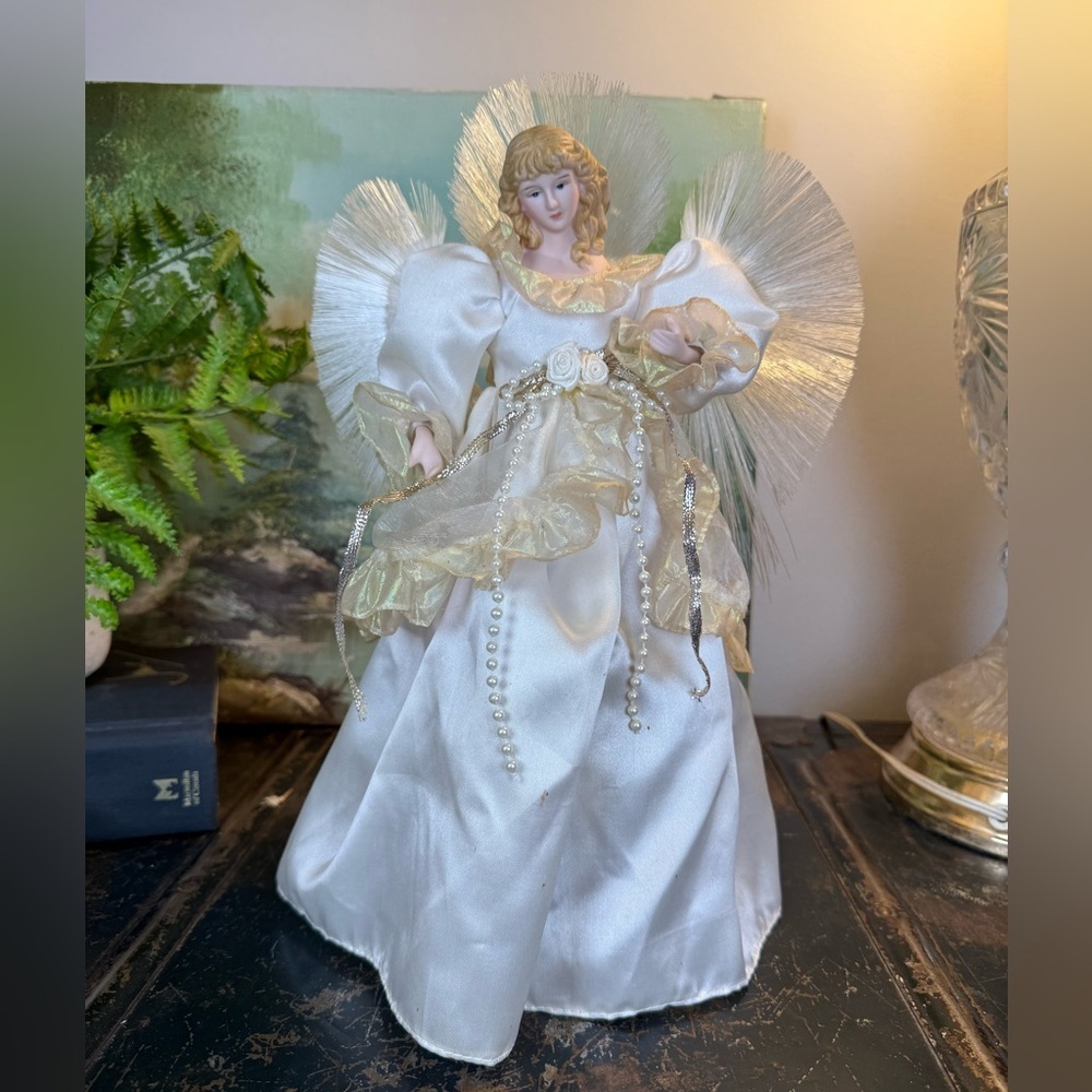 Vintage Fiber Optic Angel Tree Topper 13" White Satin Porcelain Gold Wings Decor